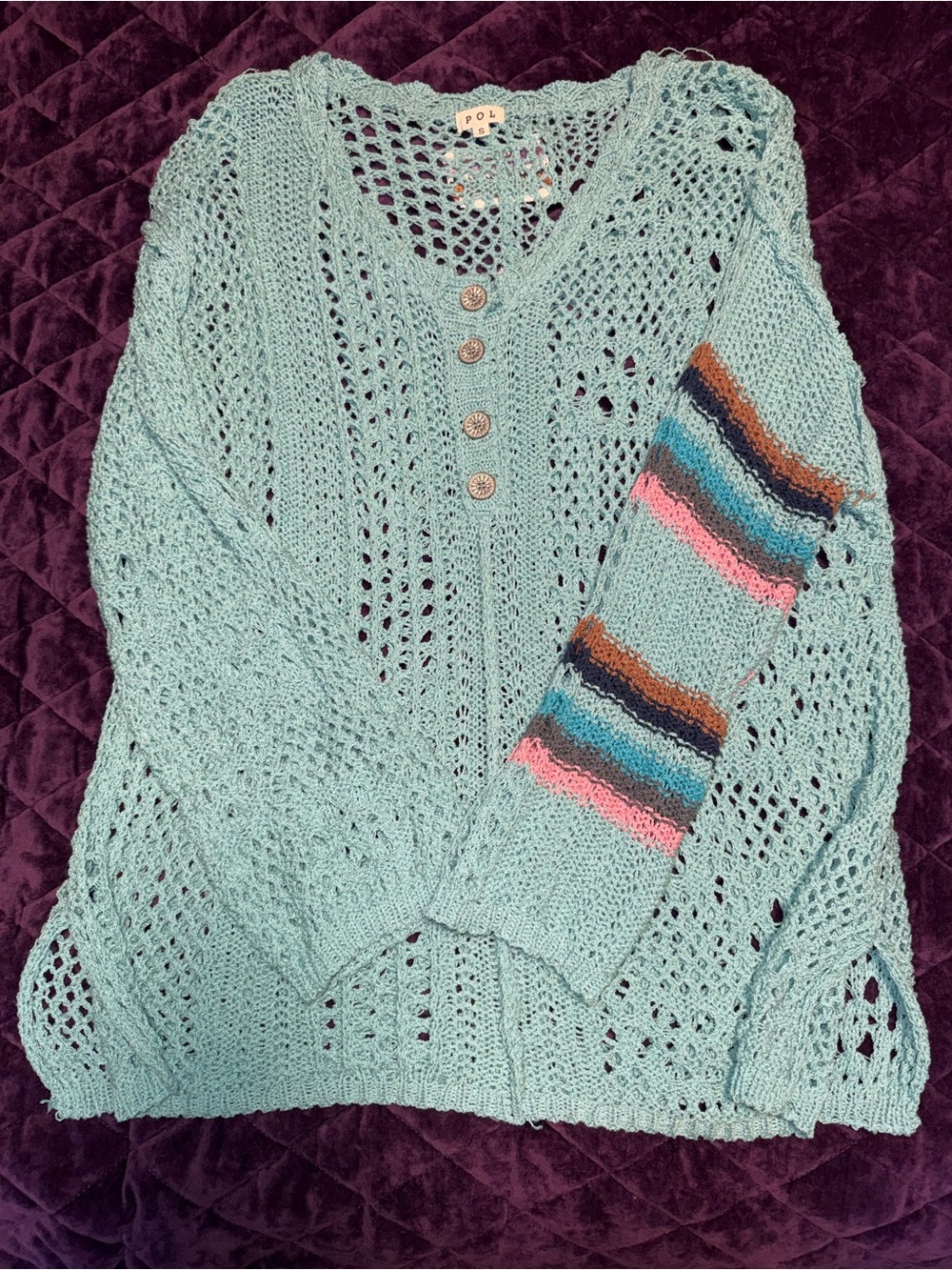 POL Light Teal Open-Knit sweater with Multicolor Striped Sleeve
